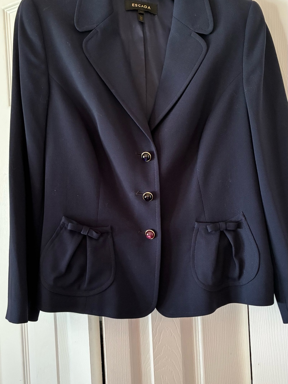 Escada Navy Tailored Women's Blazer with Decorative Pocket Bows